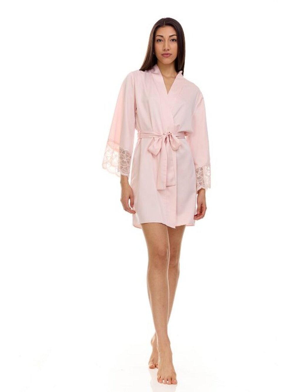 #2467 Flora by Flora Nikrooz Kit Matte Charmeuse Wrap Sleep Robe with Lace Pink